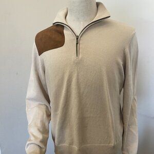Ralph Lauren XL Quarter-Zip Pullover Sweater–Cream/Tan, Shoulder & Elbow Patch